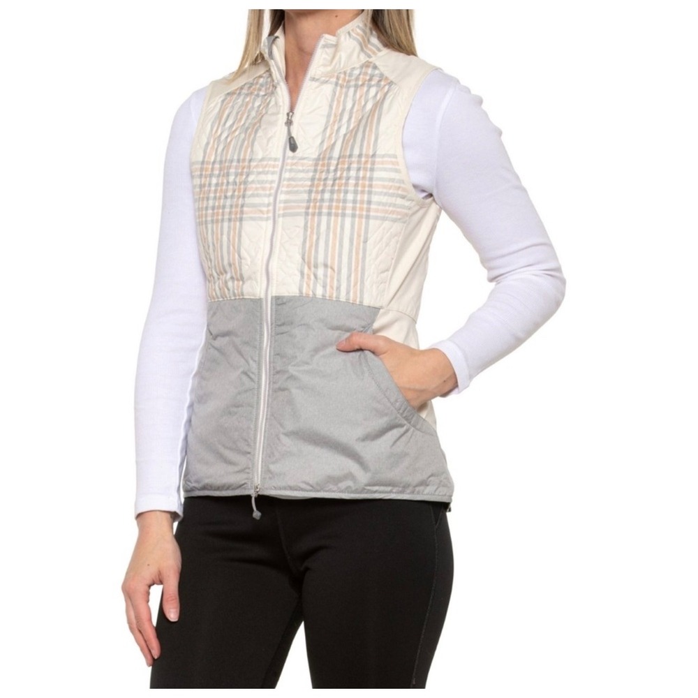 Peter Millar Golf Lizzie Hybrid Vest Women M Cream Plaid Quilted Preppy Luxury